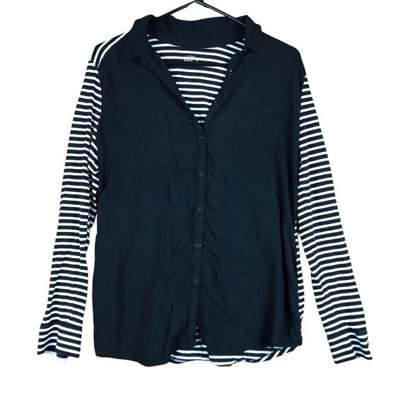 LOFT Womens Shirt Black White Striped Collared Sheer Long Sleeve Modal Blend L - Picture 1 of 15